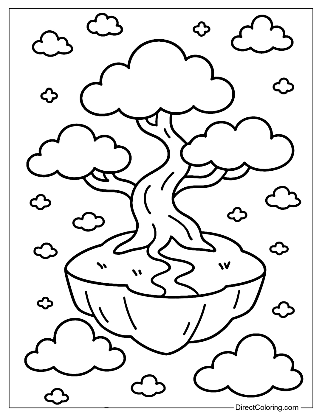 A bonsai garden coloring page floating on clusters of silvery clouds.