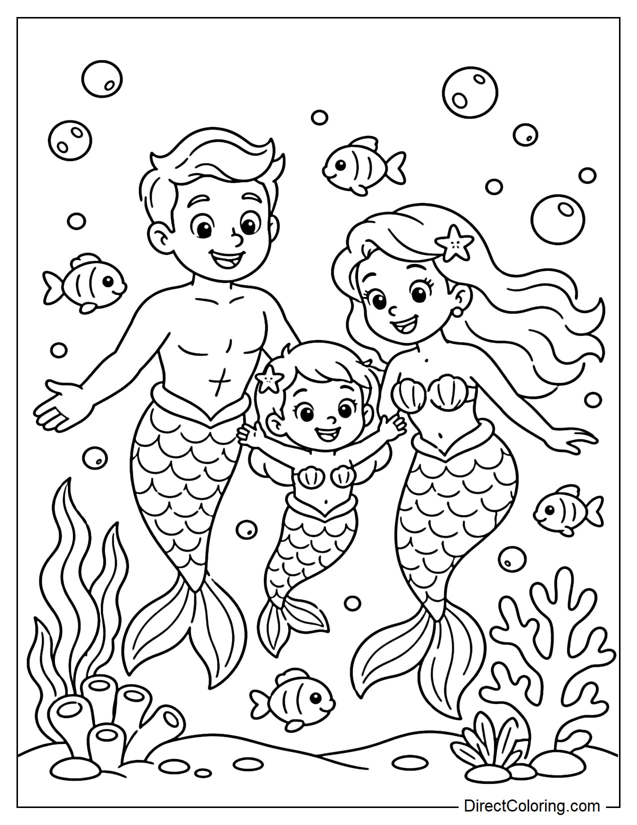 A mermaid family, consisting of a father, mother, and child, are happily swimming together in the sea. They are surrounded by small fish, low coral, and bubbles.