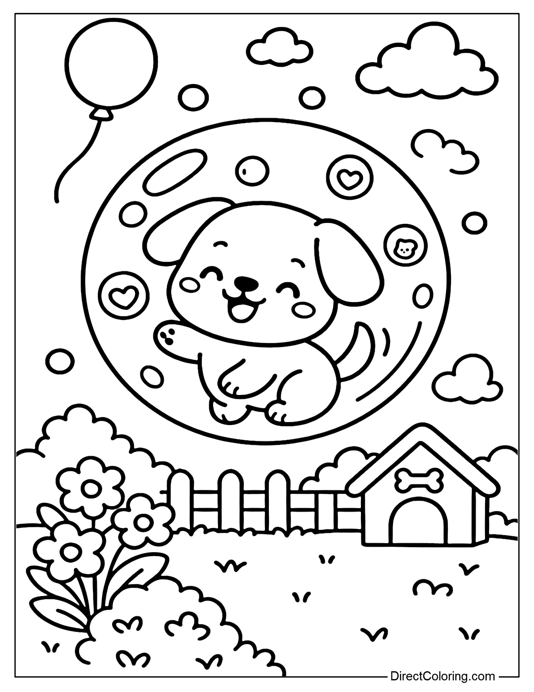 A large soap bubble coloring page containing a funny puppy wagging its tail. Outside the bubble is a scene of a large lawn, a low fence, some large flower bushes and a cute dog house.