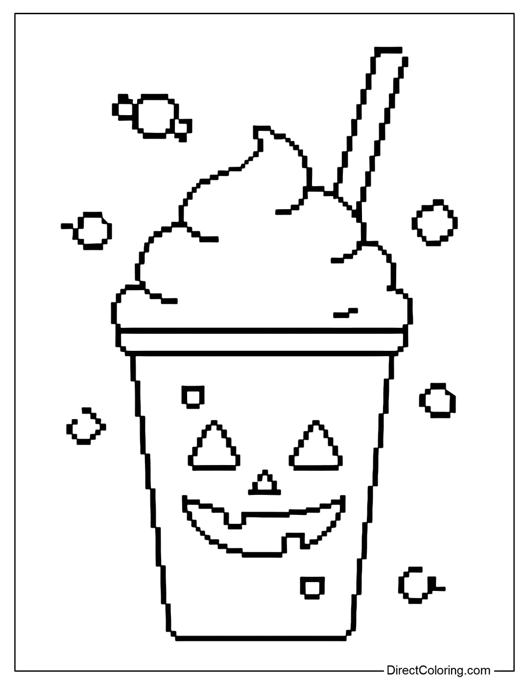 Pixel Halloween pumpkin drink cup coloring page, with straw and pixel cream on top, some pixel candies floating around the cup.