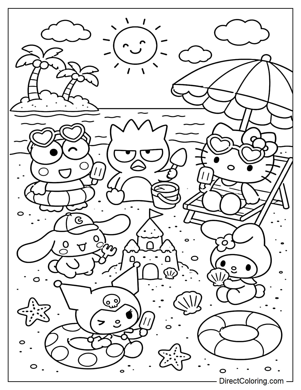 Sanrio characters such as Keroppi, Badtz-Maru, Hello Kitty, Cinnamoroll, My Melody, and Kuromi are having fun on a cute summer beach. There's a large sun umbrella, a small sandcastle, starfish, seashells, and some inflatable floats.