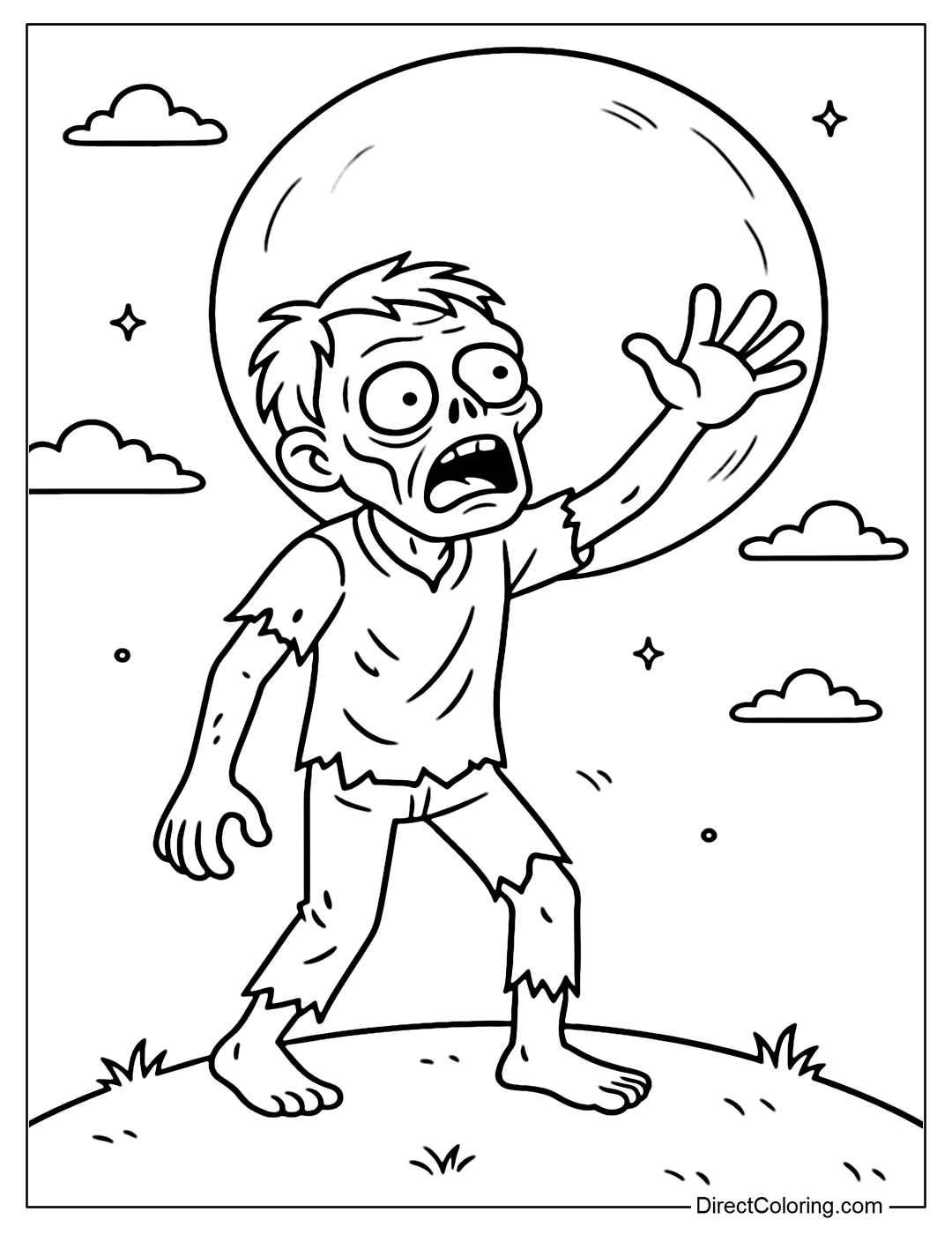A zombie coloring page standing on a hill under the bright moonlight, hands raised high as if calling for friends.