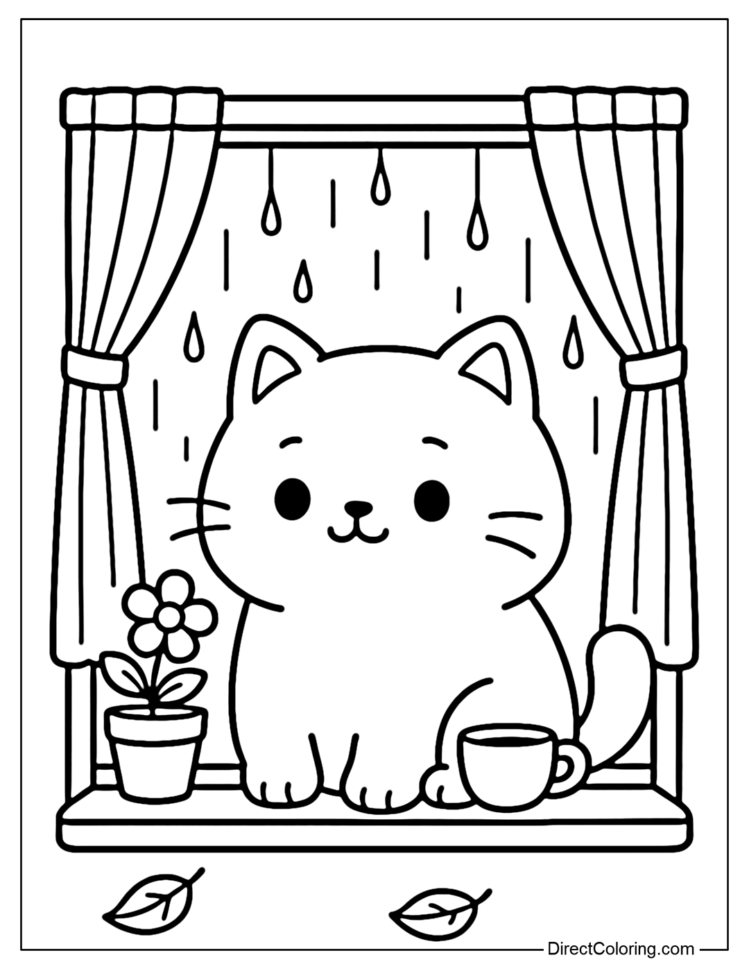 Coloring page of a cat sitting by the window, looking out at the rain, with a small flower pot and a cup of tea inside.