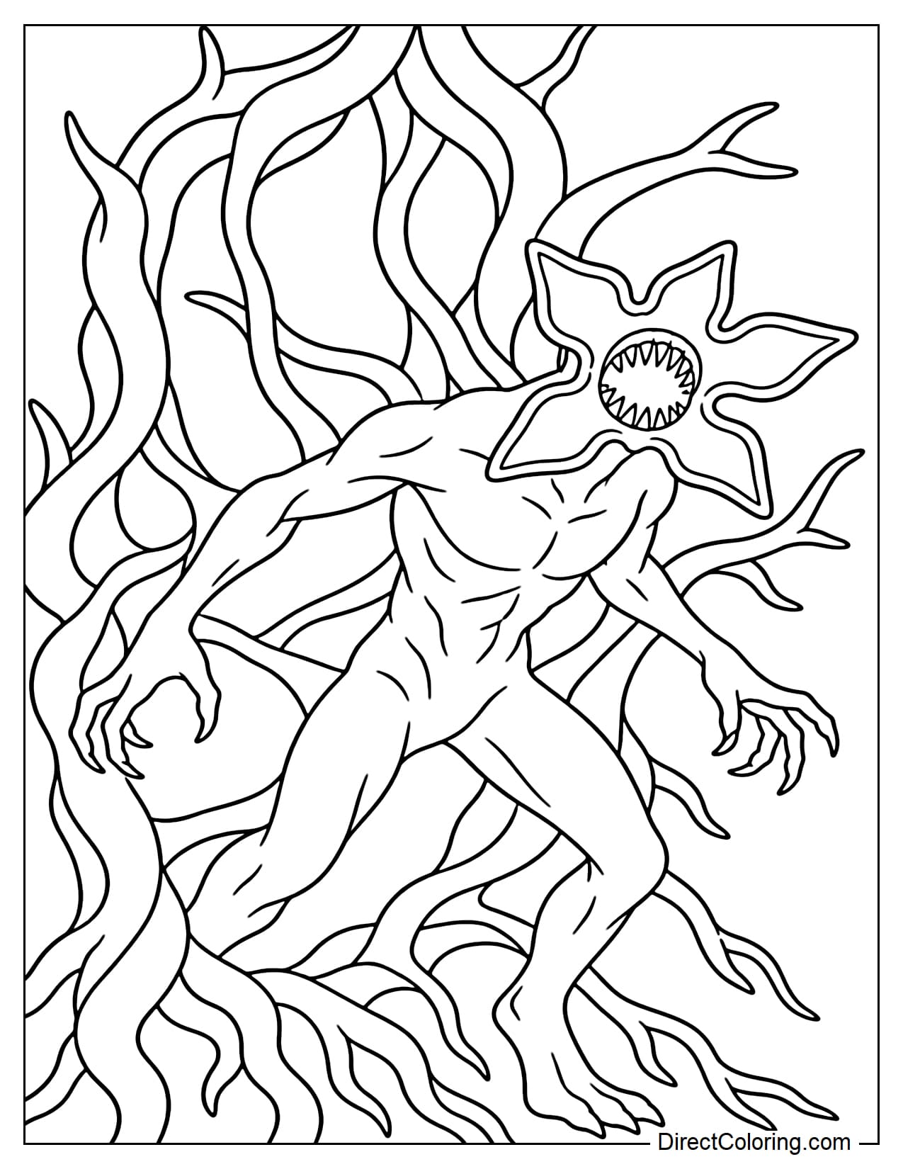 A full-body Demogorgon stands among twisting vines with its flower-shaped head open, creating a dramatic supernatural scene inspired by the Upside Down.