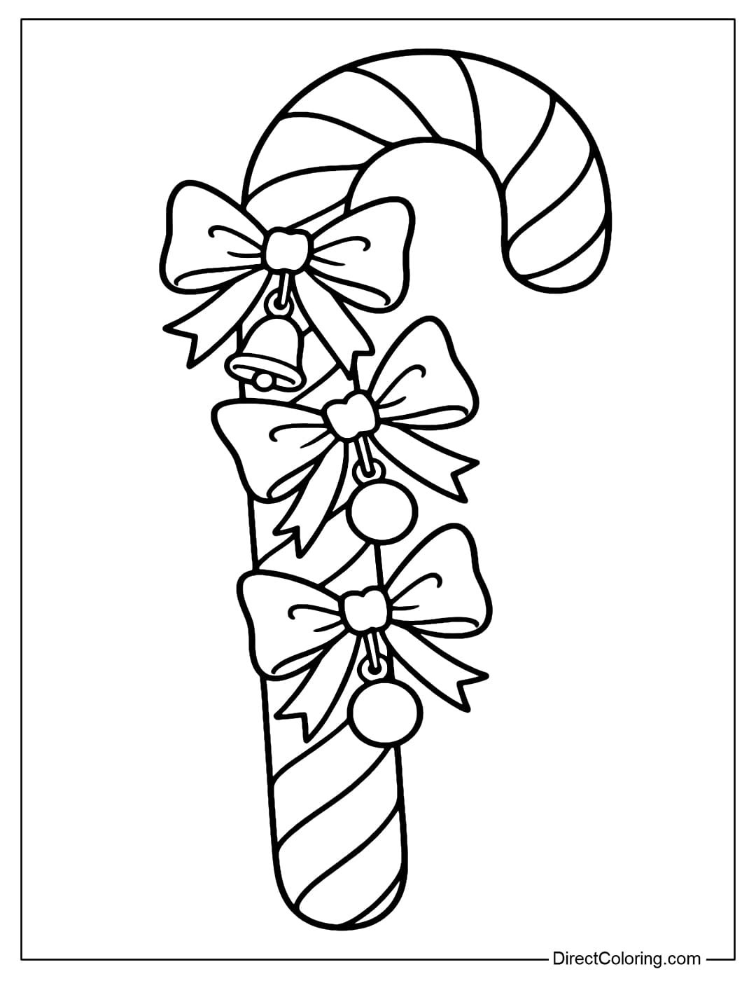 Candy Cane Coloring Page with a large ribbon wrapped around it in a spiral, interspersed with bows with bells and round balls.