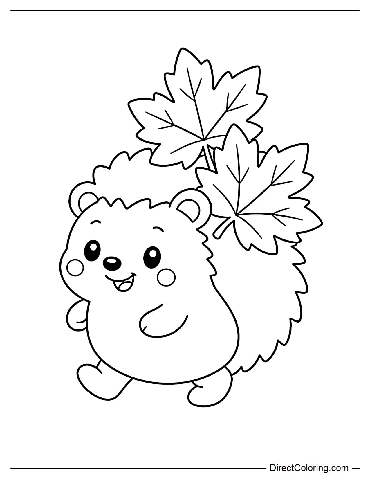 A cute little hedgehog walks slowly with a few large maple leaves resting on its back.