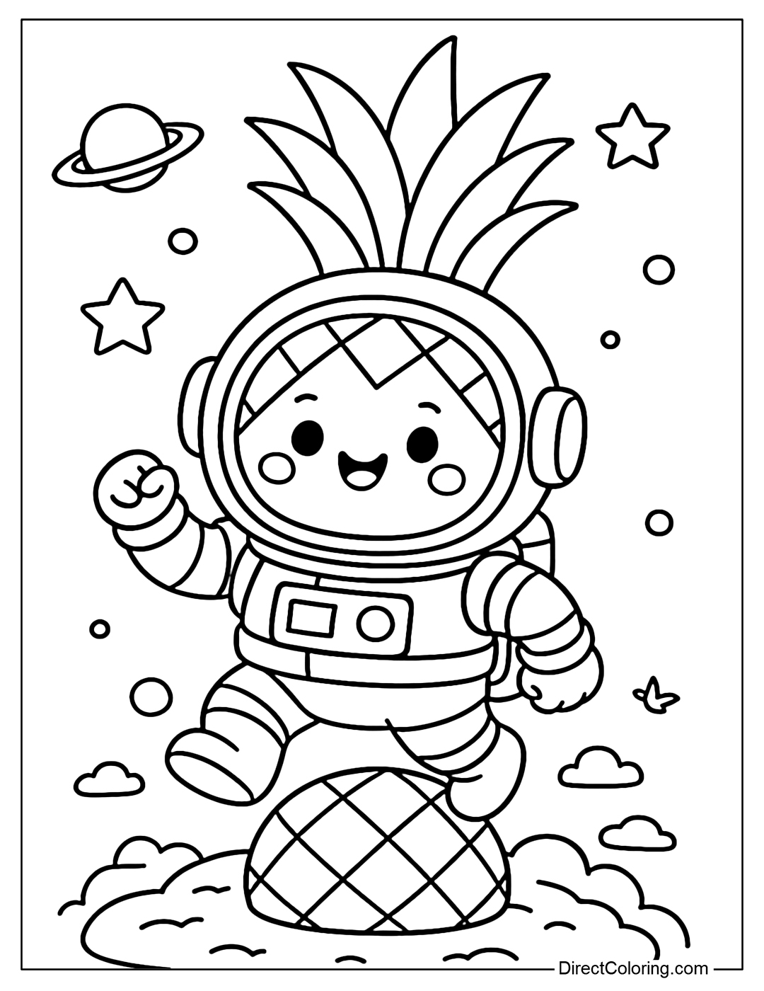 Pineapple coloring page in a spacesuit exploring the pineapple planet.