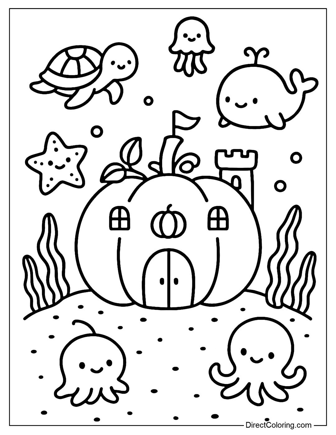 A pumpkin kingdom coloring page under the sea with lovely sea creatures