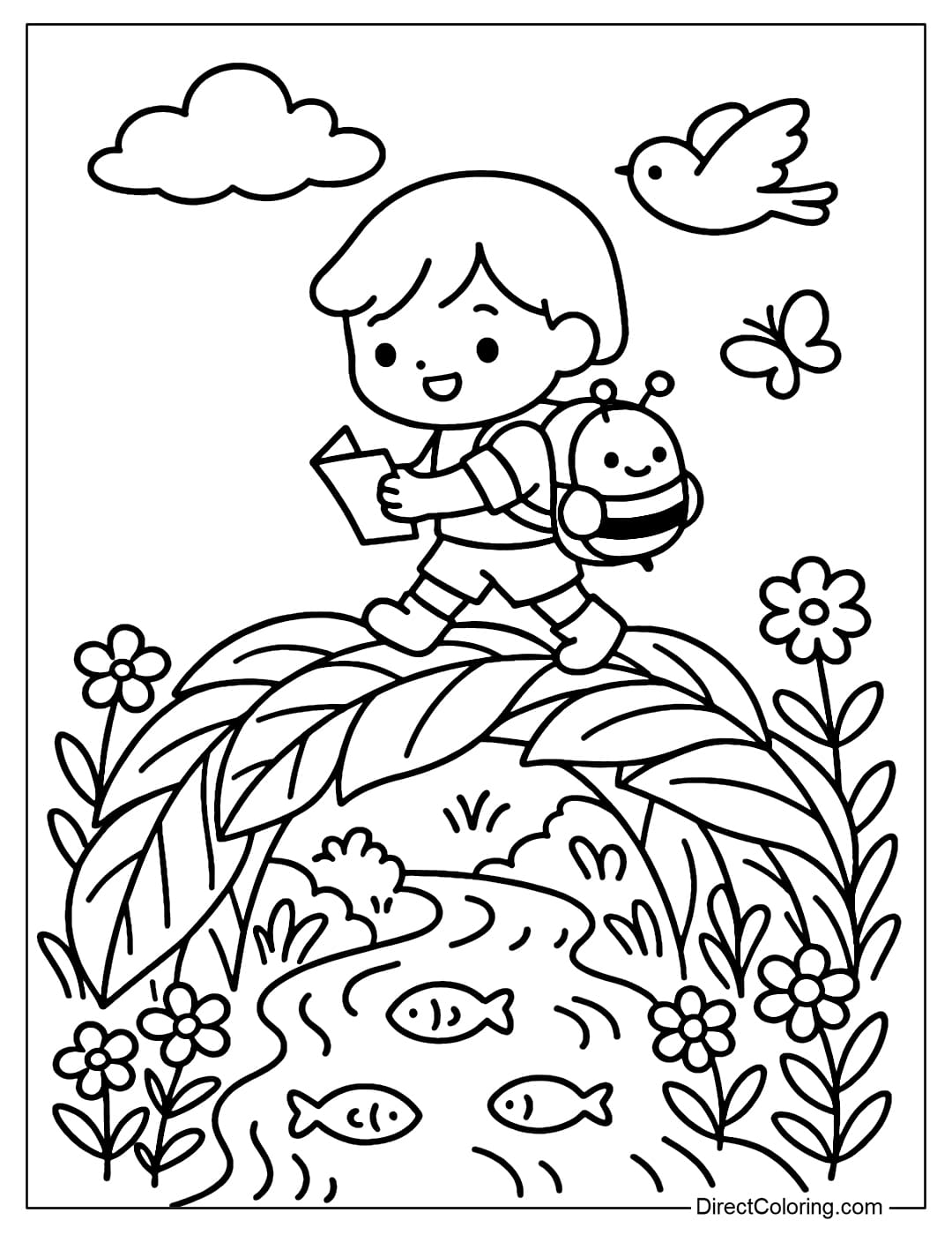 Coloring page of a giant leaf bridge, a baby walking across with a bee backpack.