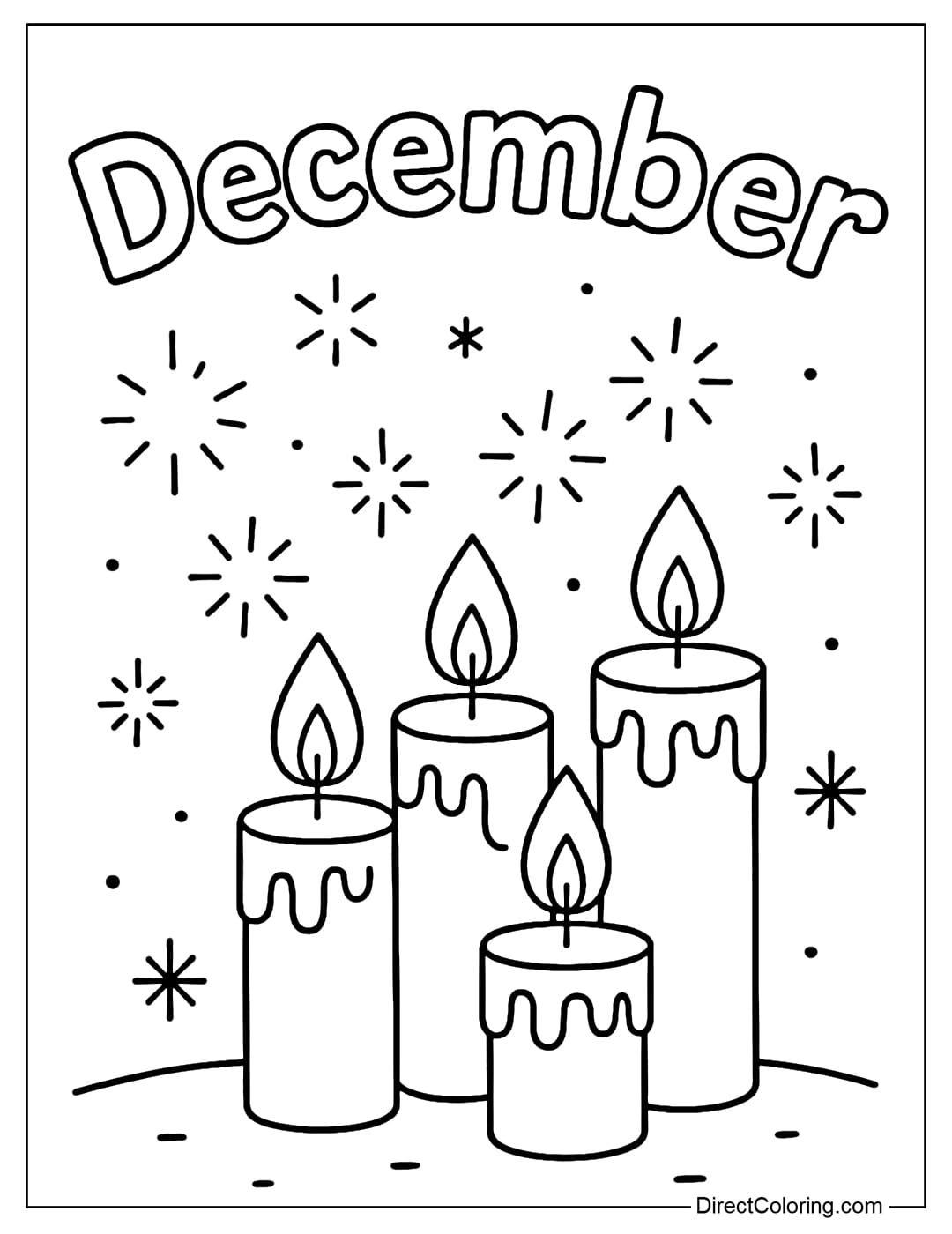 Coloring page of a row of sparkling candles, with the word December behind them, exuding a warm and peaceful atmosphere.