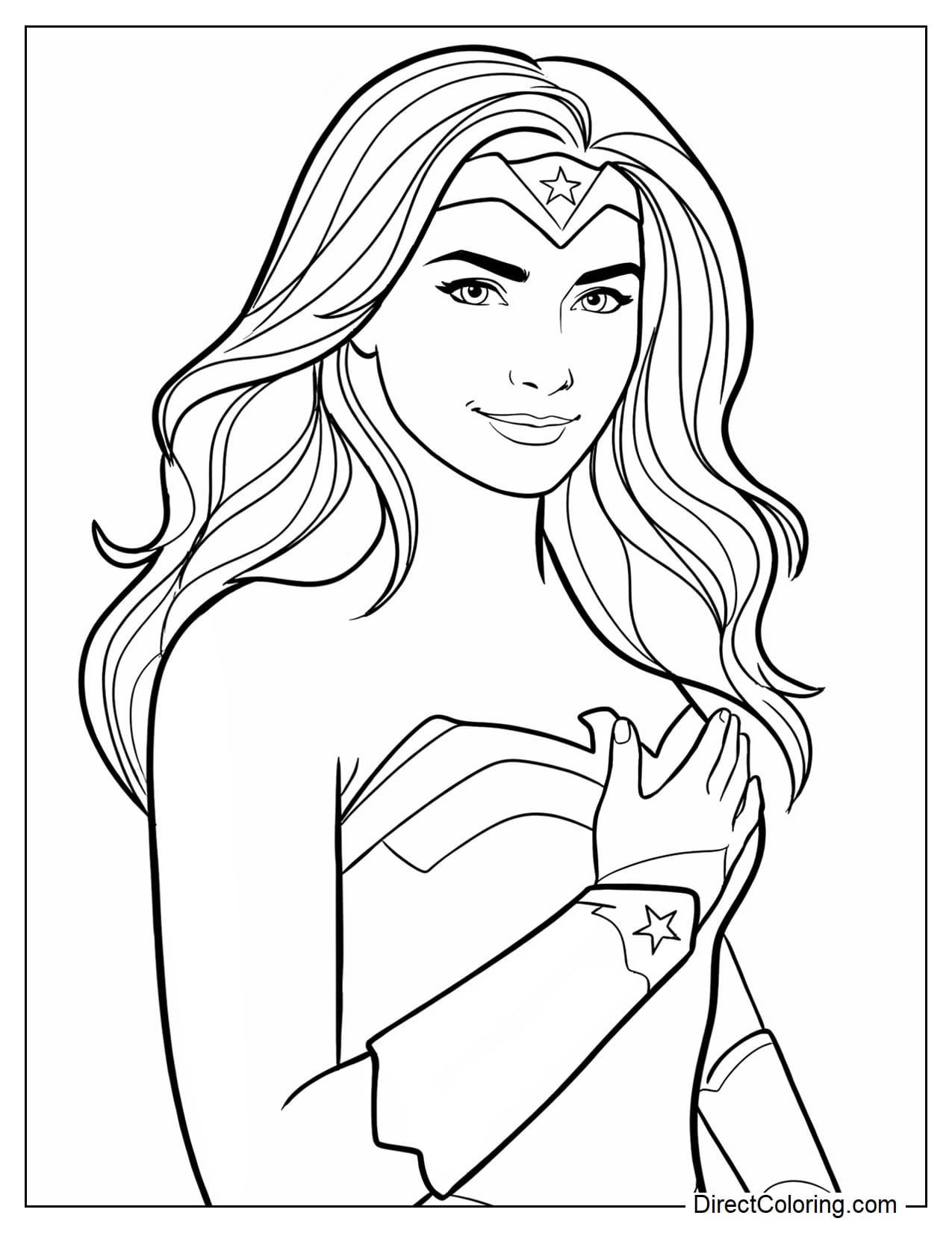 Beautiful Wonder Woman stands at a slight angle, gently resting one hand on her chest while her other arm hangs naturally by her side.