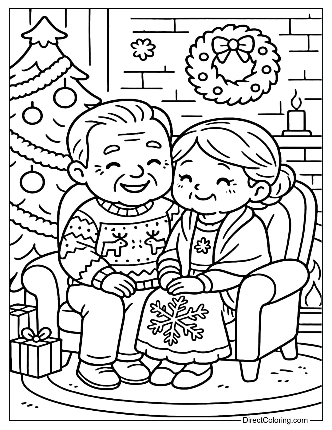 Grandparents sitting next to each other in front of the fireplace, next to the Christmas tree decorated with balls and tinsel, the room is warm with small gift boxes around.