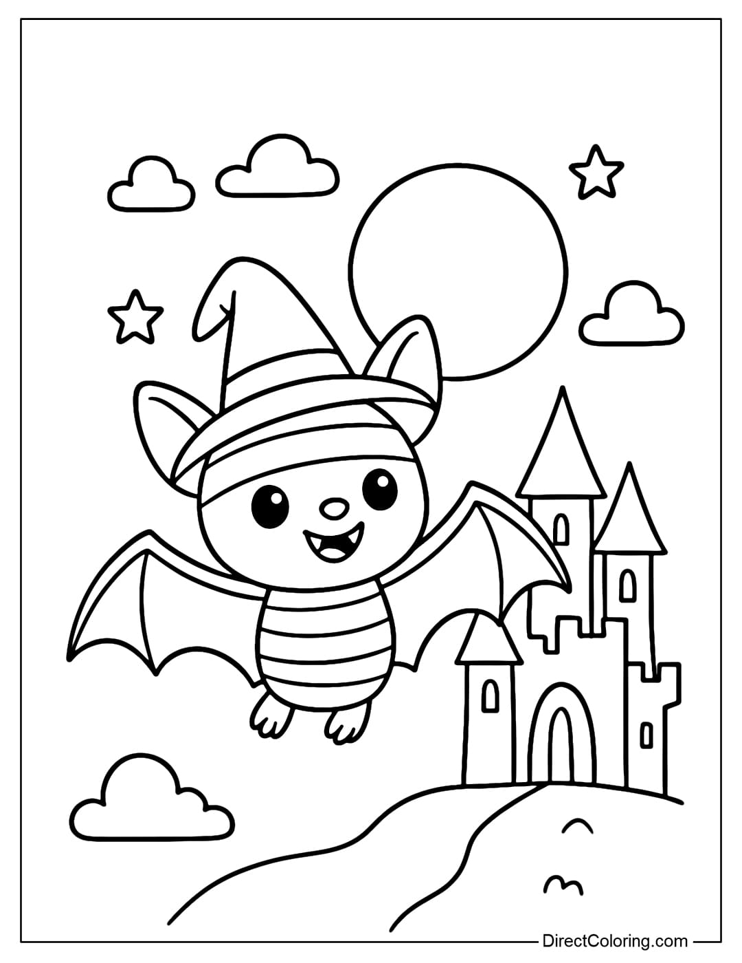 A coloring page of a bat wearing a little witch's hat, flying around a haunted castle under the full moon.