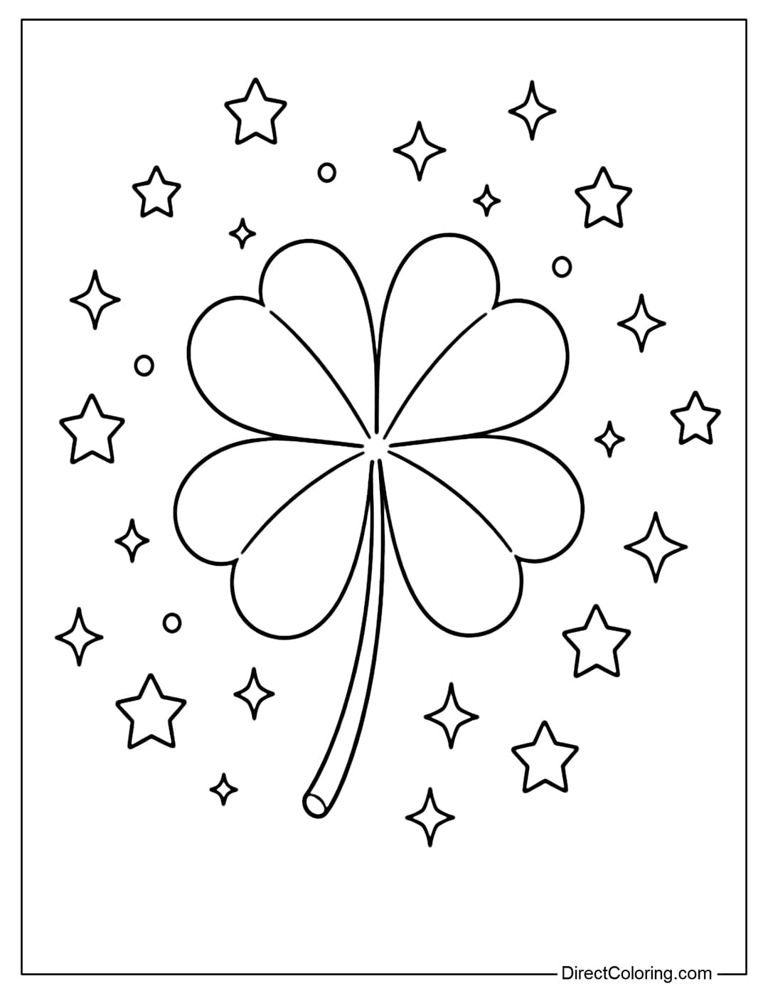A coloring page featuring a four-leaf clover symbolizing good luck, surrounded by a small star.