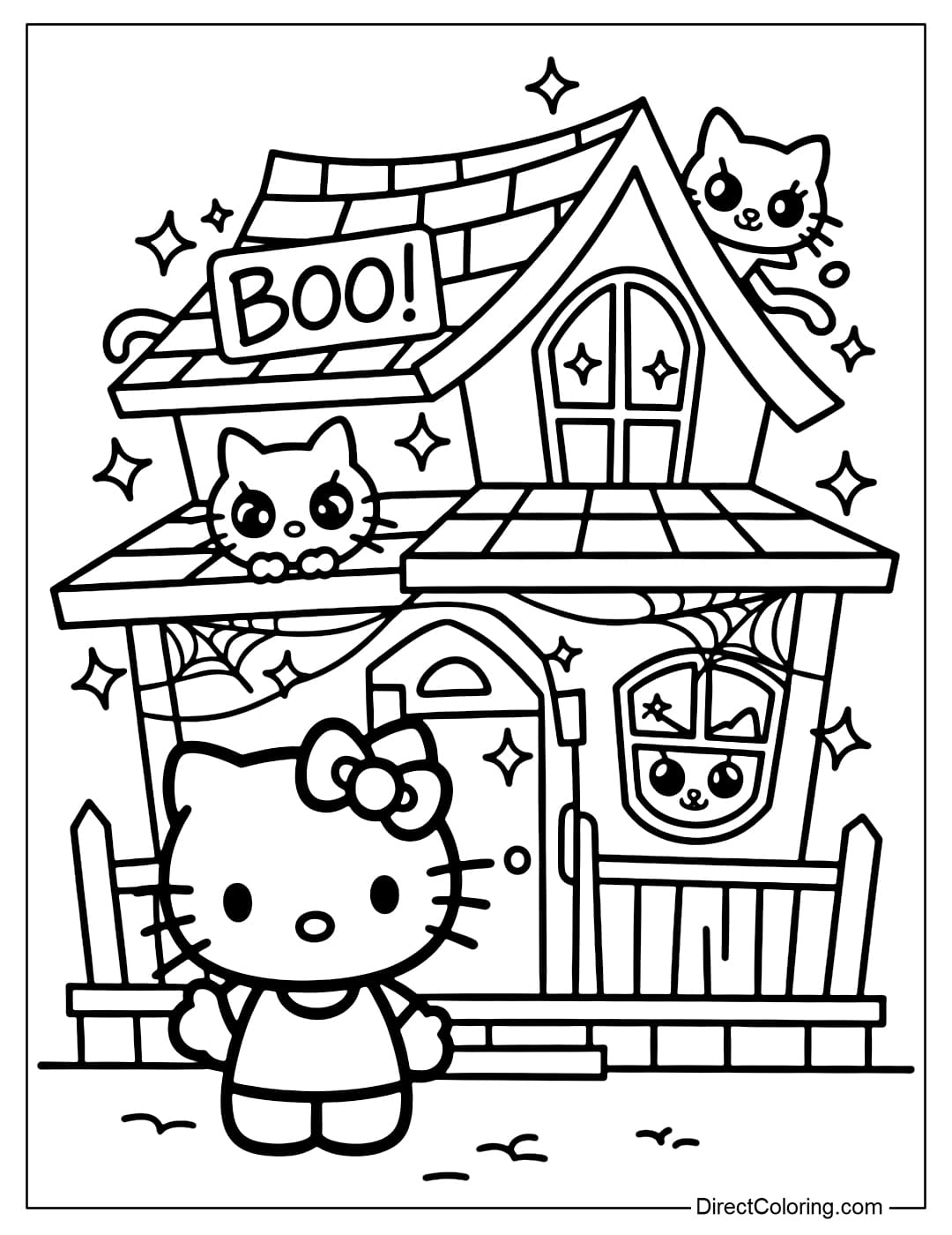 Hello Kitty coloring page standing in front of a haunted house with sparkling windows, spider webs and black cats