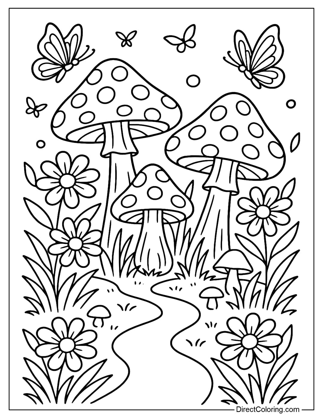 Enchanted Mushroom Path Coloring Page Coloring page of a winding path through a fairy mushroom forest, with large flowers and flying butterflies on both sides.