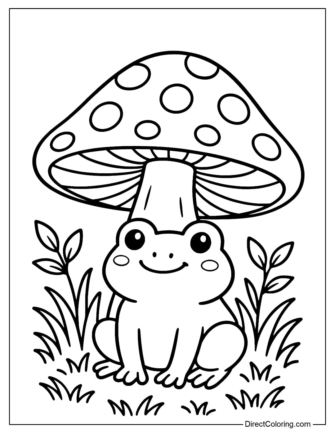 Frog and Mushroom Coloring Page A cute frog coloring page sitting under a red mushroom with white dots, surrounded by green grass and pretty little leaves.