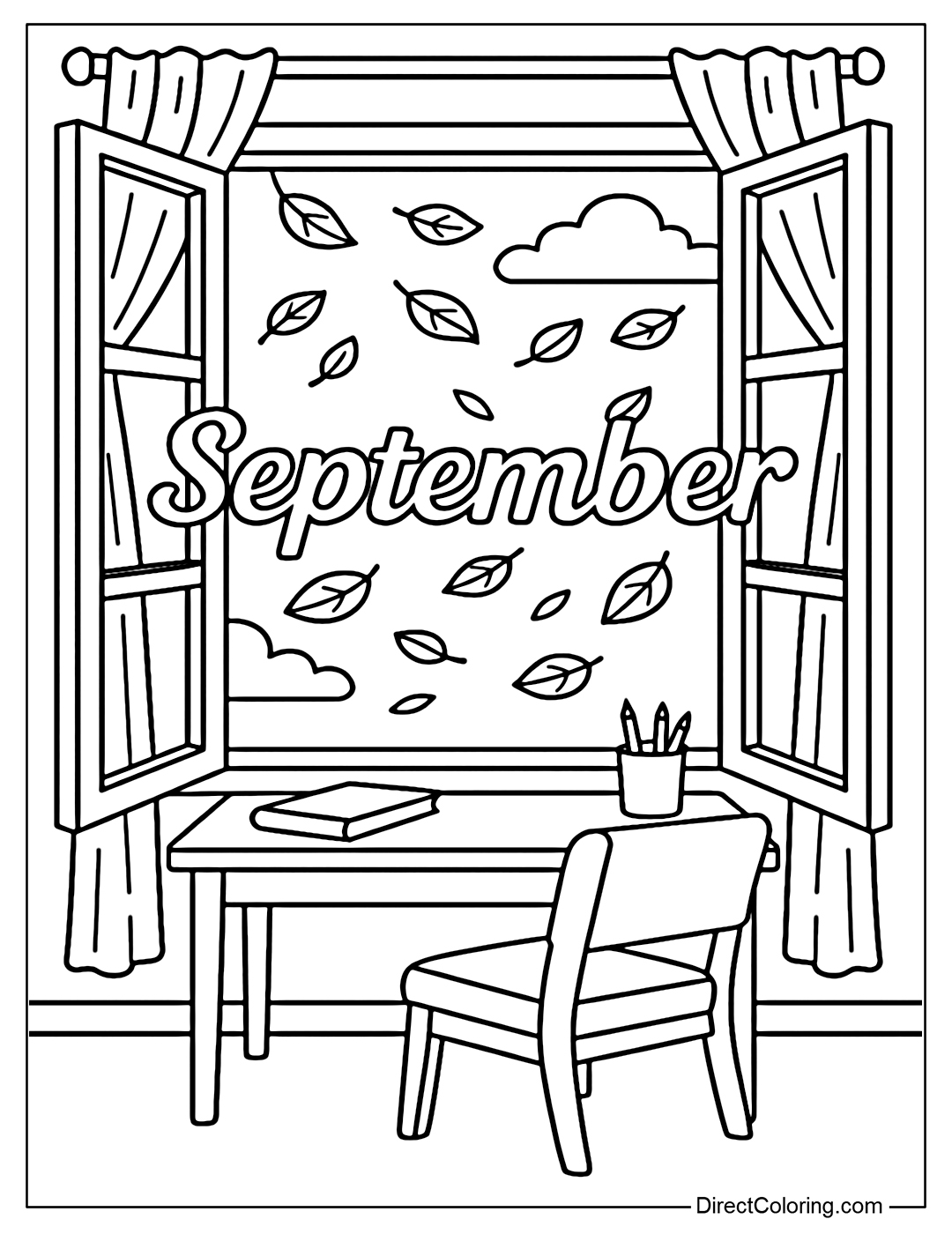 Coloring page for the word September in the center of an open window, with curtains, falling leaves, light clouds, and autumn wind outside; inside is a neat desk or reading chair.