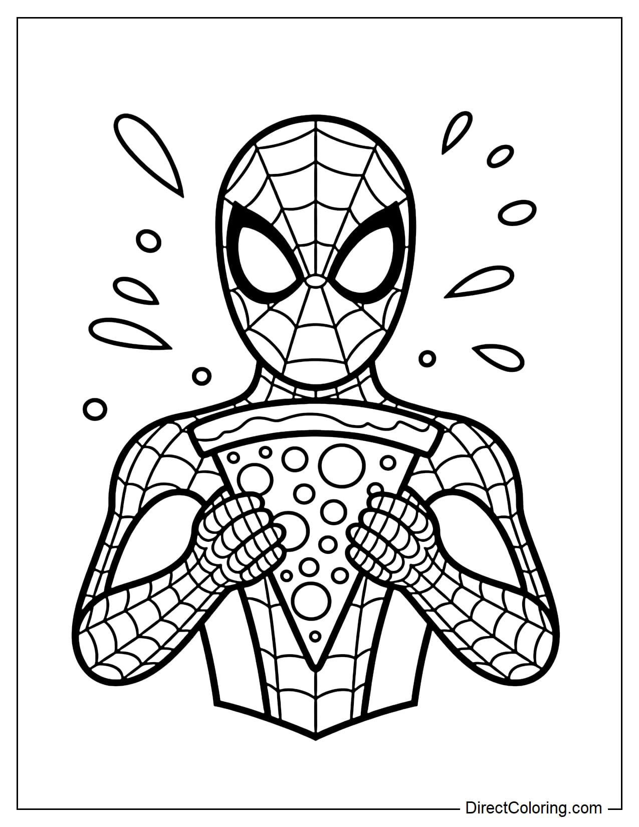 Spider-Man is holding a large slice of pizza with a playful, amused expression.