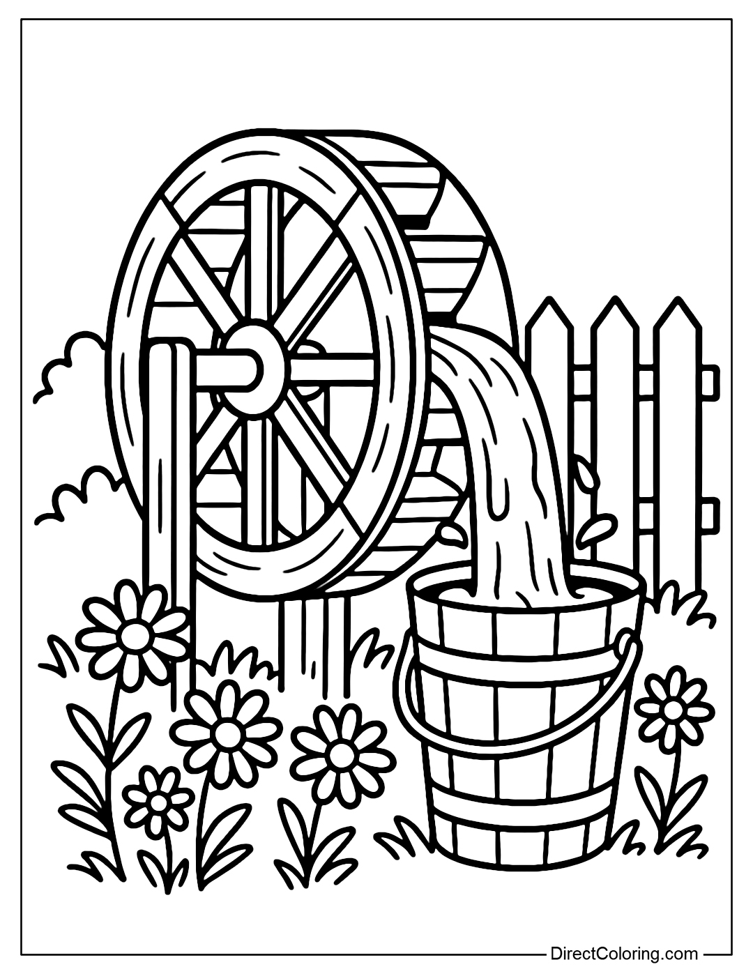 Coloring page of a wooden water wheel spinning into a wooden bucket next to a white fence, wild daisies blooming around