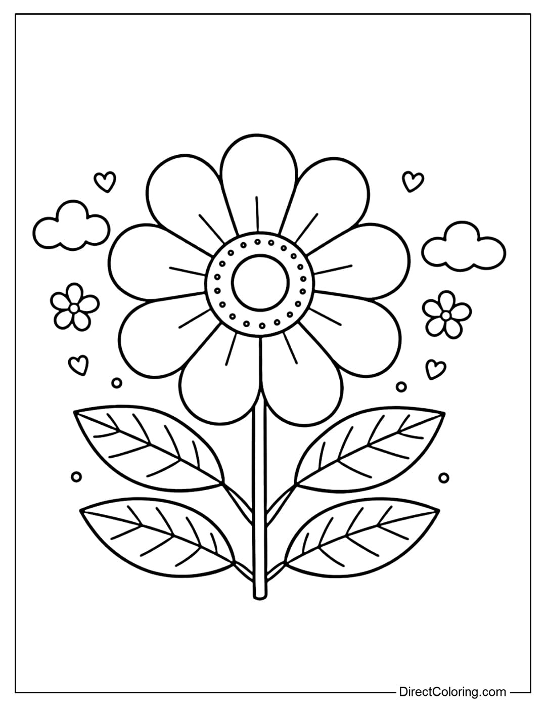 Coloring page of a large, brightly blooming May flower with simple leaves.