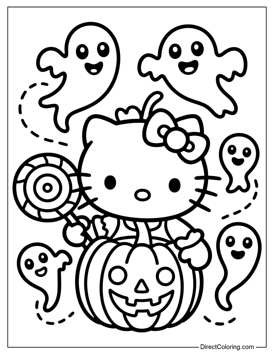 Hello Kitty coloring page hugging a jack-o-lantern, holding a big lollipop, with little ghosts flying around in the background.