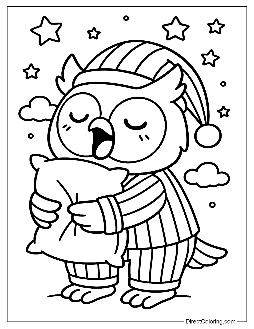 A coloring page of an owl wearing striped pajamas, hugging a pillow, yawning under the starry sky.