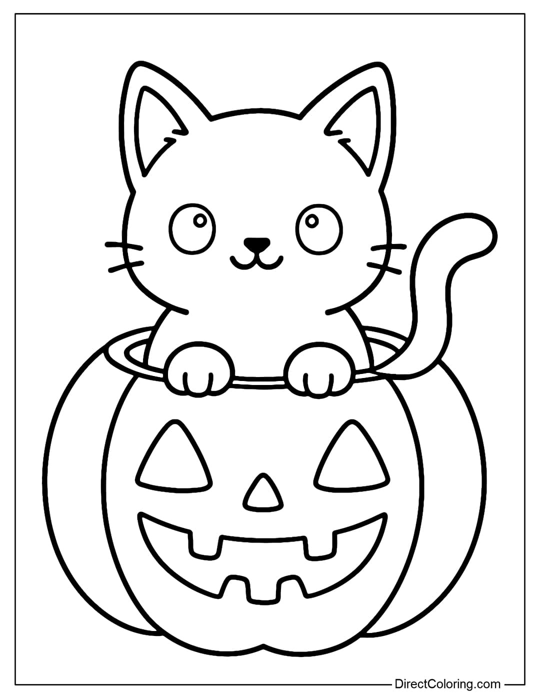A coloring page of a black cat sitting in a hollow pumpkin, its tail slightly curved outward.
