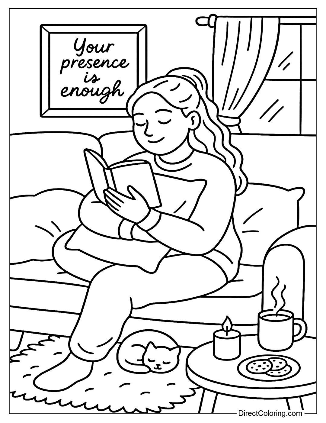 A coloring page of a girl lying comfortably on a soft sofa, hugging a large pillow in her arms and smiling as she reads a favorite book.
