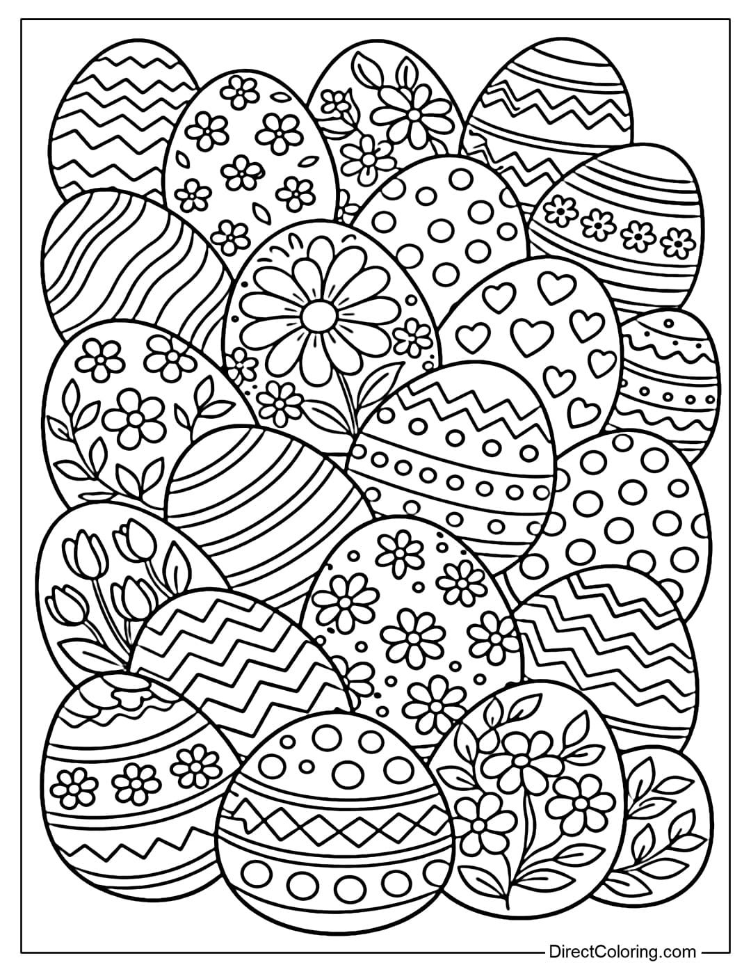 A coloring page featuring numerous Easter eggs with various zigzag, polka dot, and floral patterns.