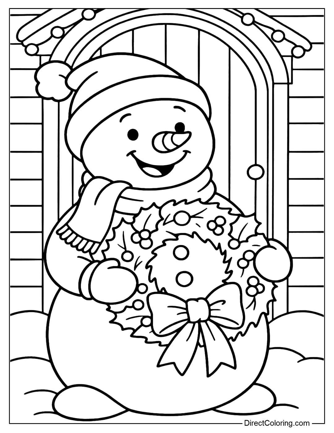 A snowman coloring page smiling, holding a Christmas wreath with a big bow and balls, behind is a wooden house door.