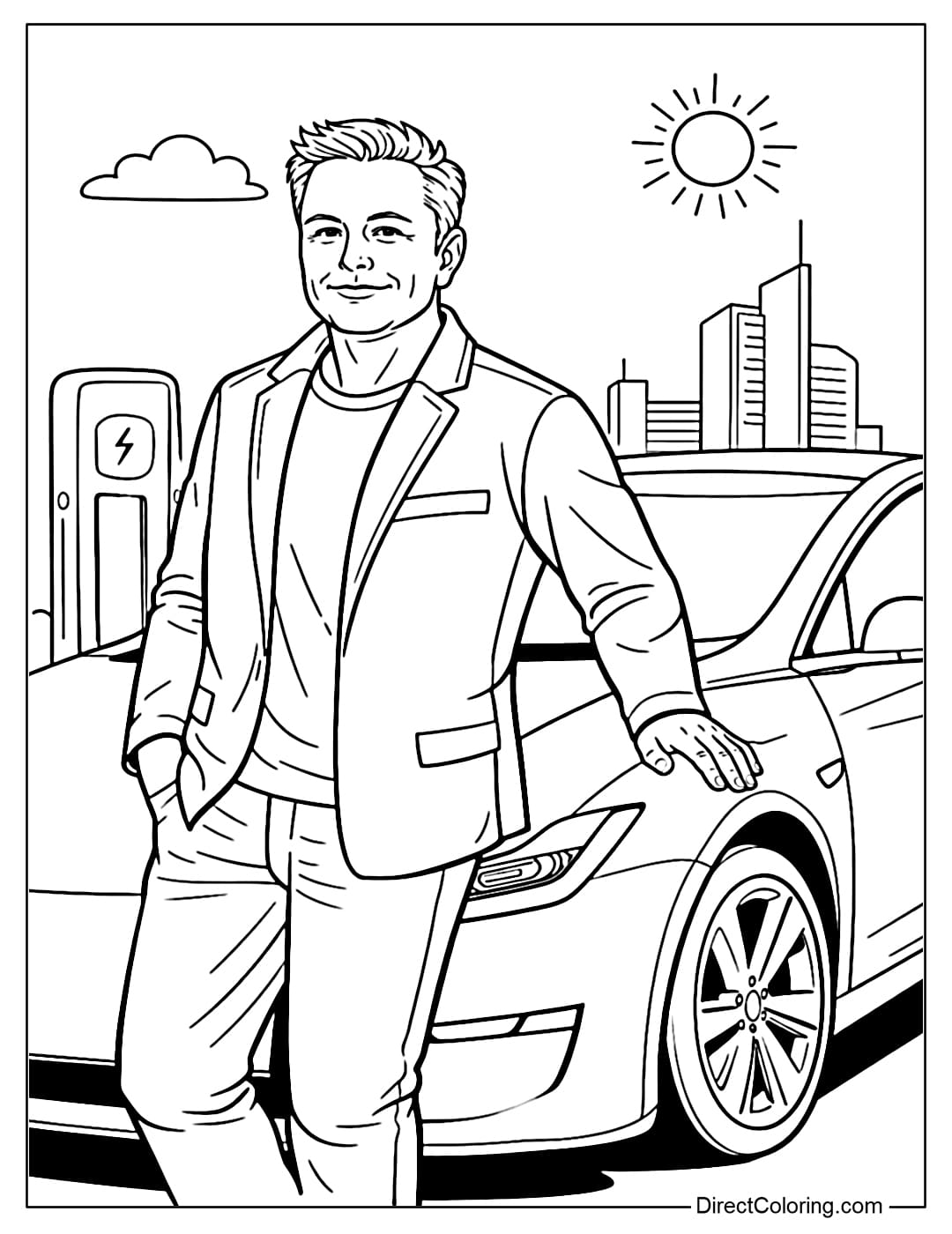 A coloring page of Elon Musk standing next to an electric car, his hand resting lightly on the hood.