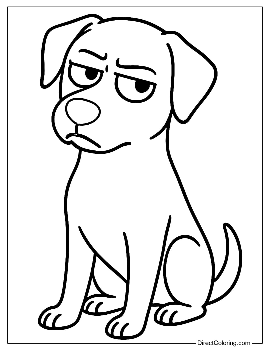 Coloring page of a dog tilting its head, its eyes looking suspicious as if it is judging.