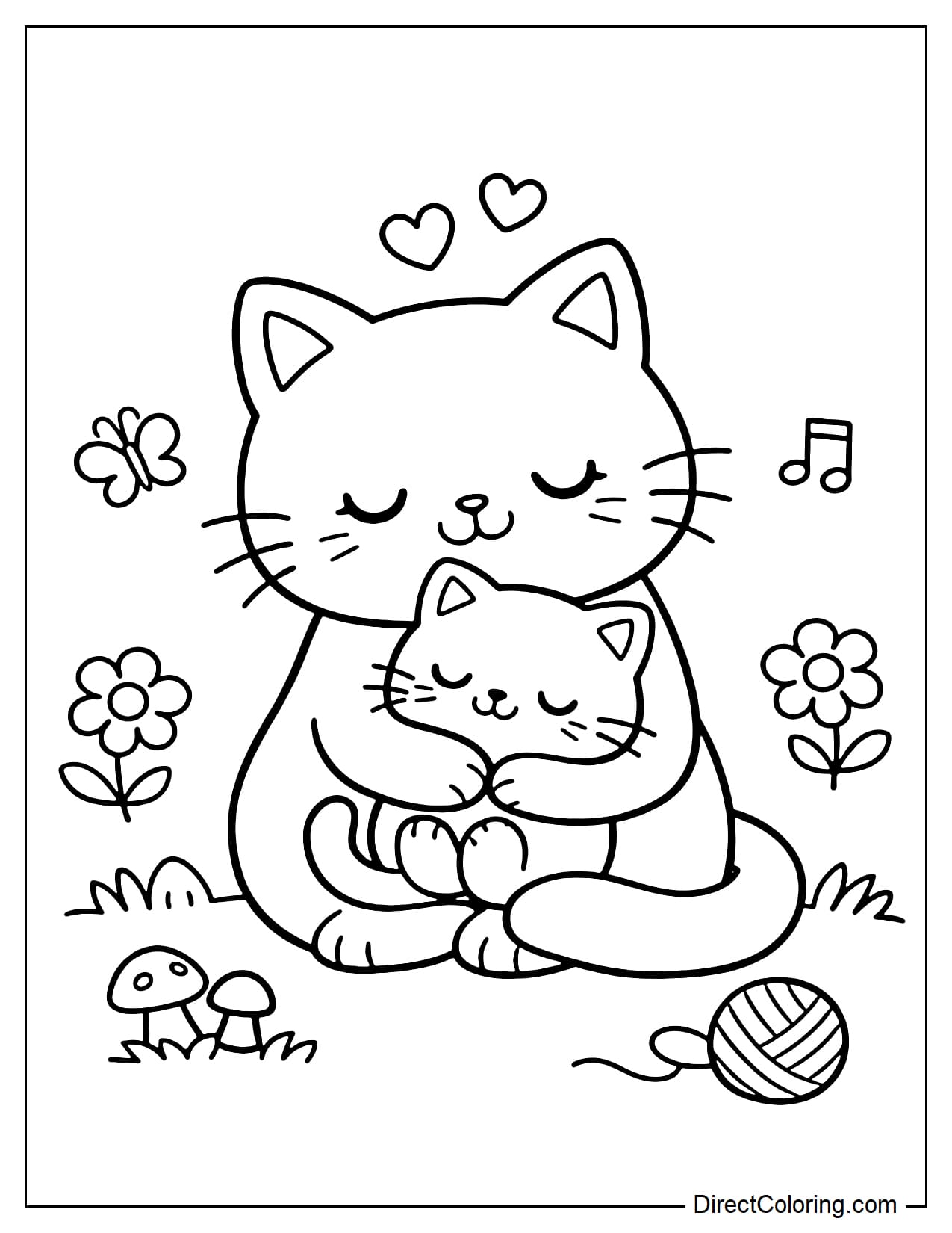 A mother cat hugging her kitten, surrounded by balls of yarn, flowers, and grass.