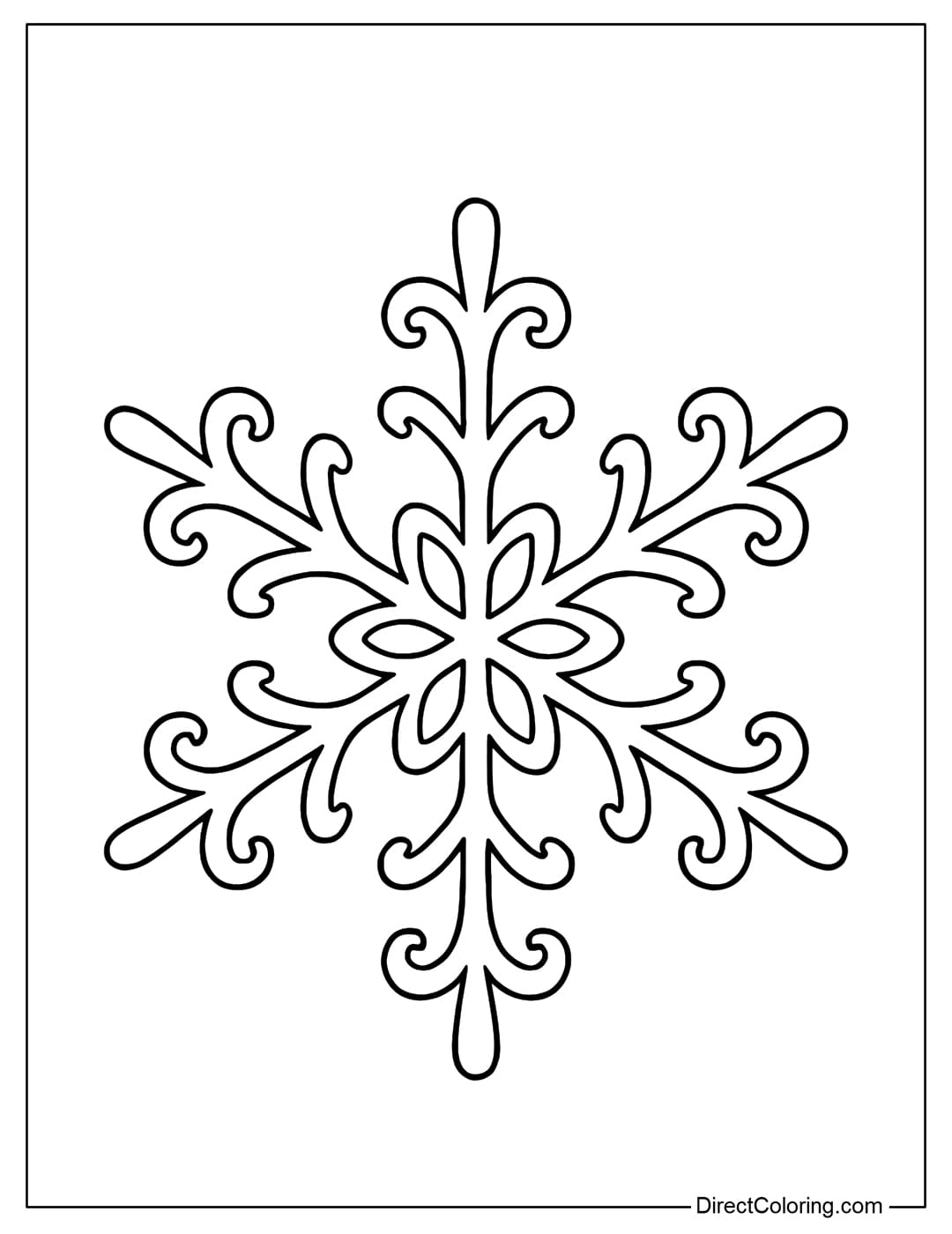 An elegant snowflake coloring page with gently curled branches at the tips of the petals.