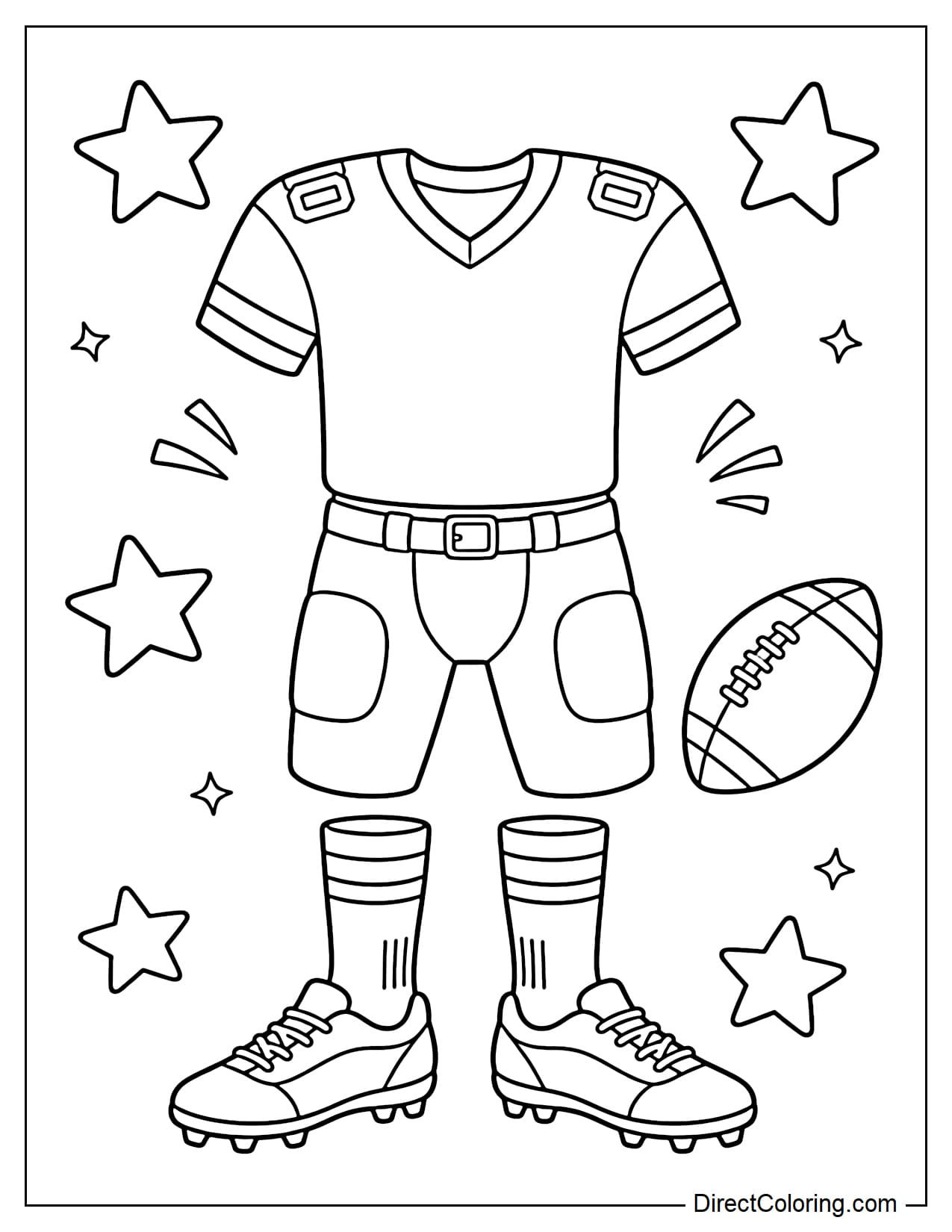 A complete football uniform is neatly arranged with a jersey, football pants, tall socks, and cleats, with a small football and a few stars nearby.