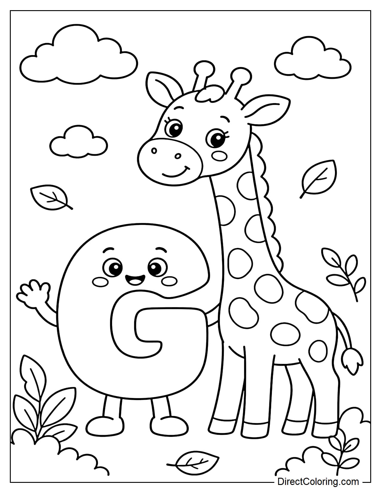 The adorable letter G stands next to a friendly giraffe stretching its neck, surrounded by some leaves and clouds.