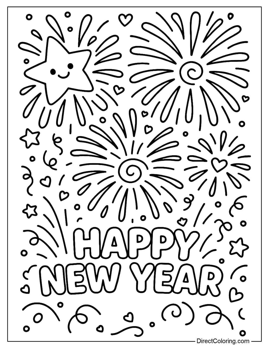A coloring page of a bright sky with fireworks stylized into lovely shapes. Below is the text Happy New Year.