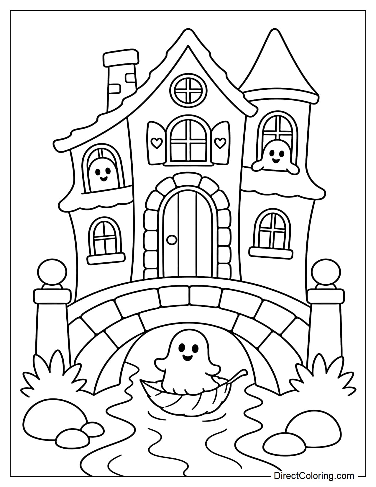 A small haunted house sits above a curved stone bridge crossing a narrow stream. Below the bridge, a little ghost floats along on a leaf.