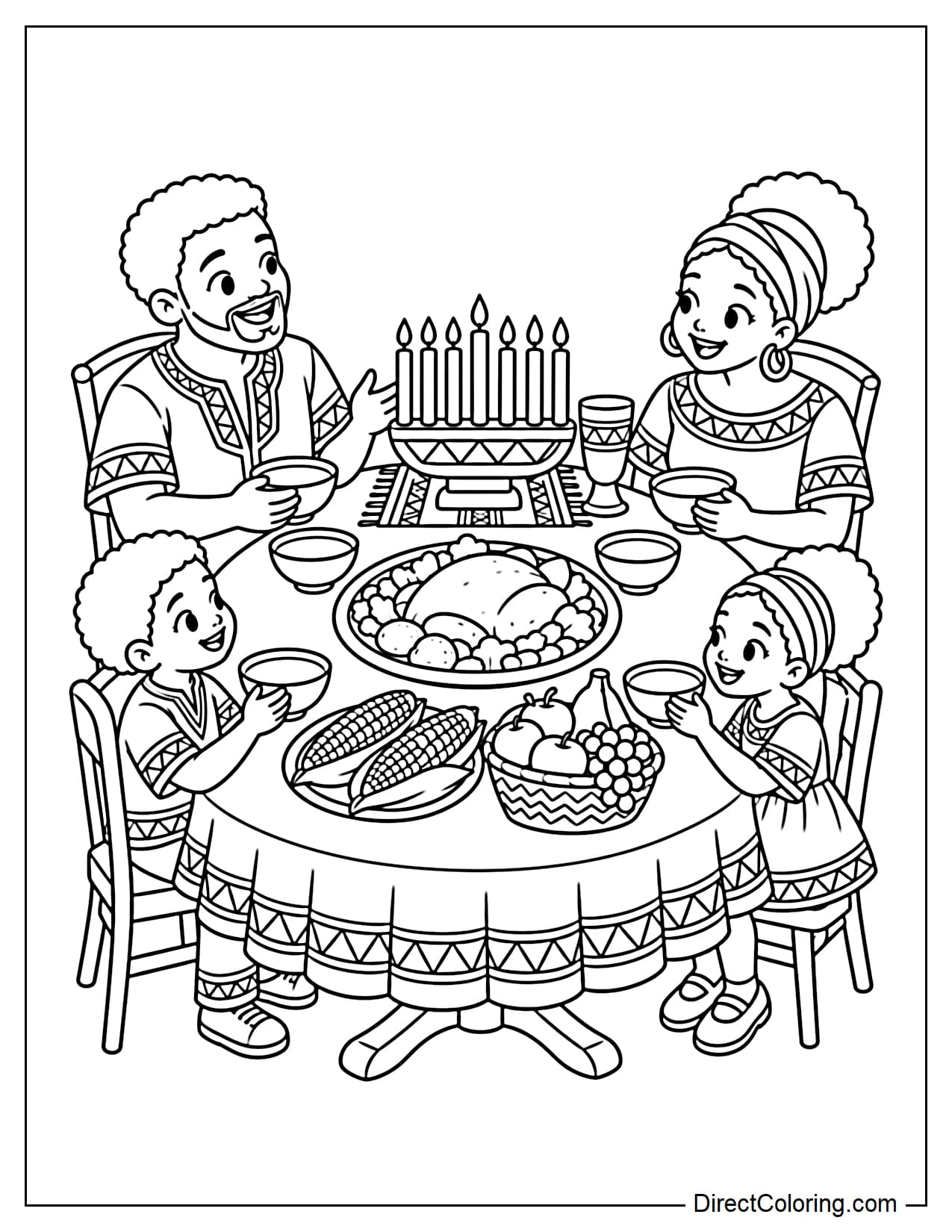 An African American family of four gathers around a Karamu feast table filled with food, fruits, a Kinara, and a unity cup.