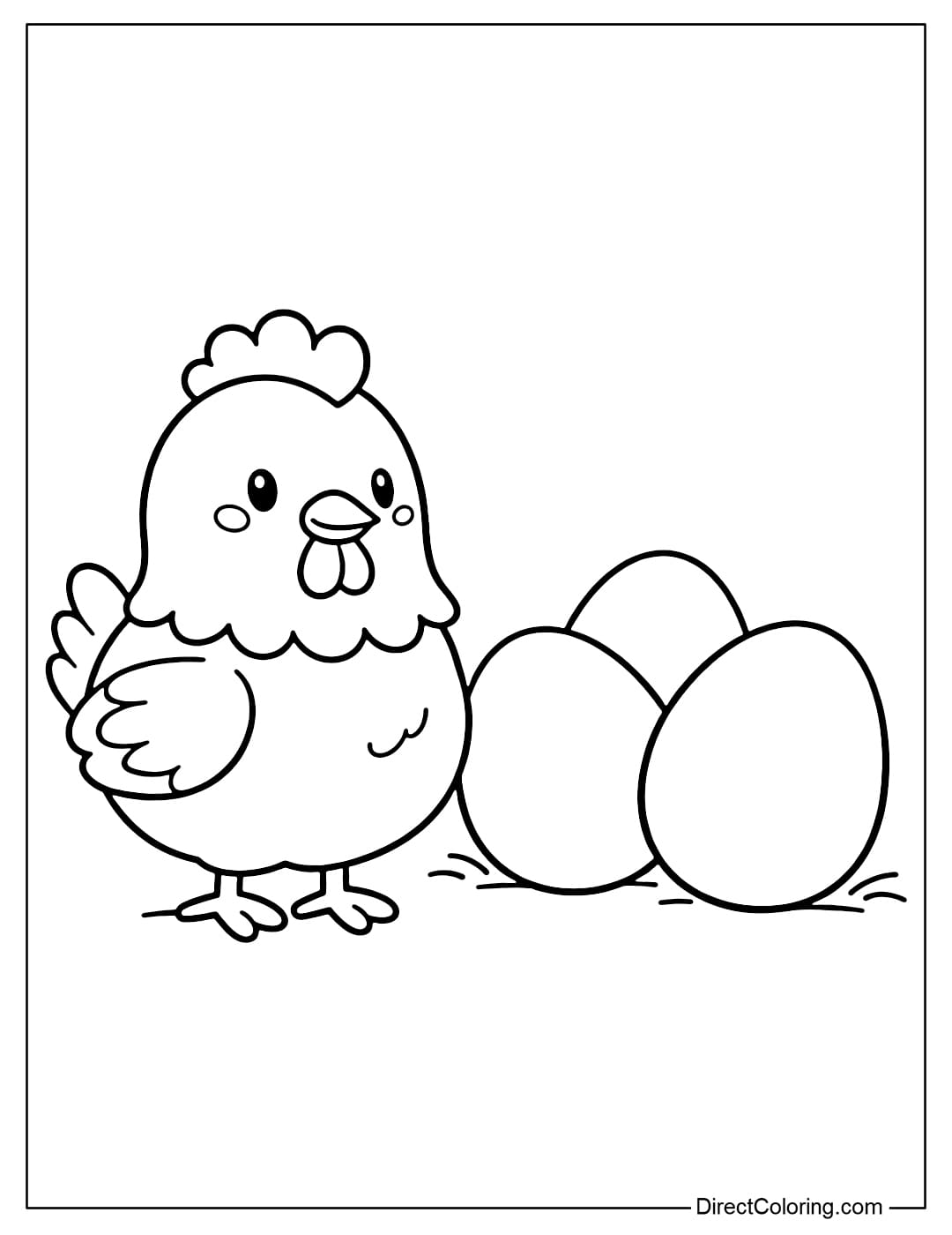 Coloring page of a mother hen standing next to some simple large eggs.