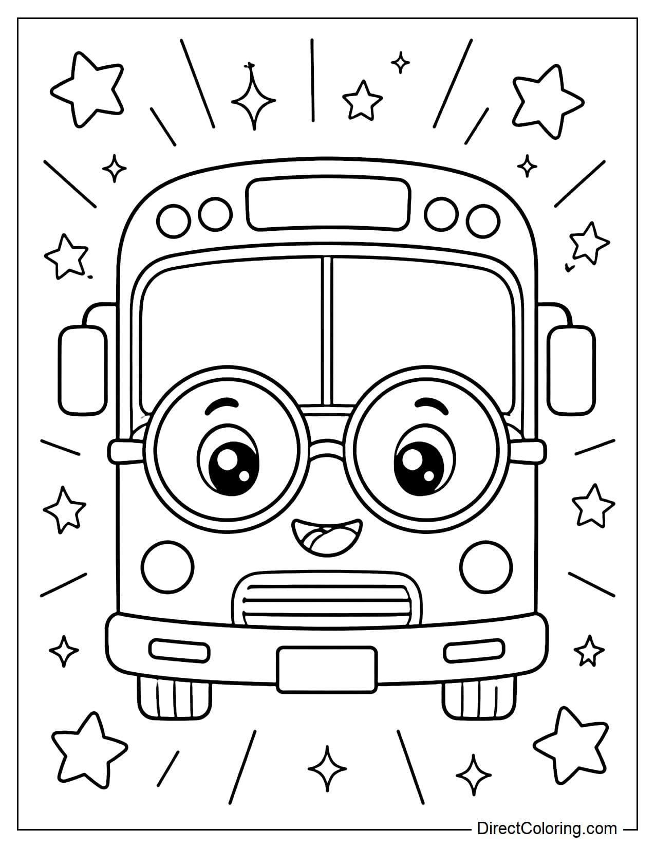 A school bus wearing large, round glasses like an intelligent face, a frontal view, surrounded by stars and rays of light.