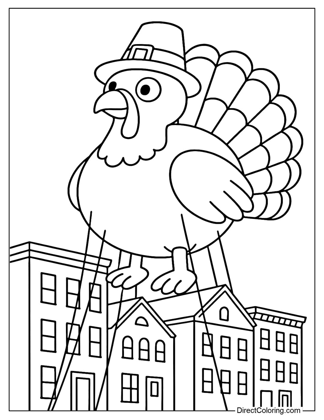A coloring page of a giant turkey balloon in a parade, with a few simple townhouses behind.