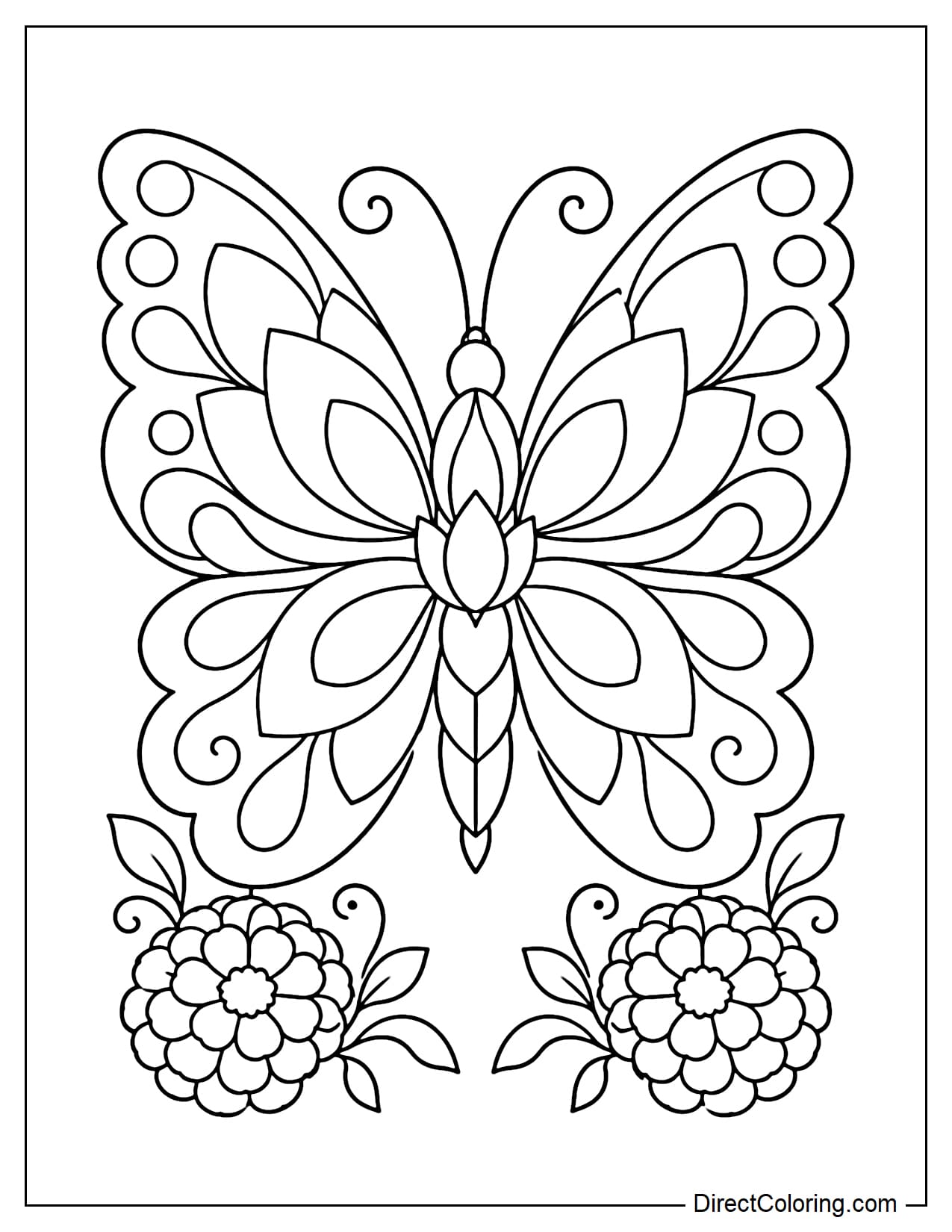 A giant butterfly-shaped rangoli with symmetrical wings made of lotus petals and teardrop patterns. Its body resembles a long flower, with two marigold blossoms beneath the wings.
