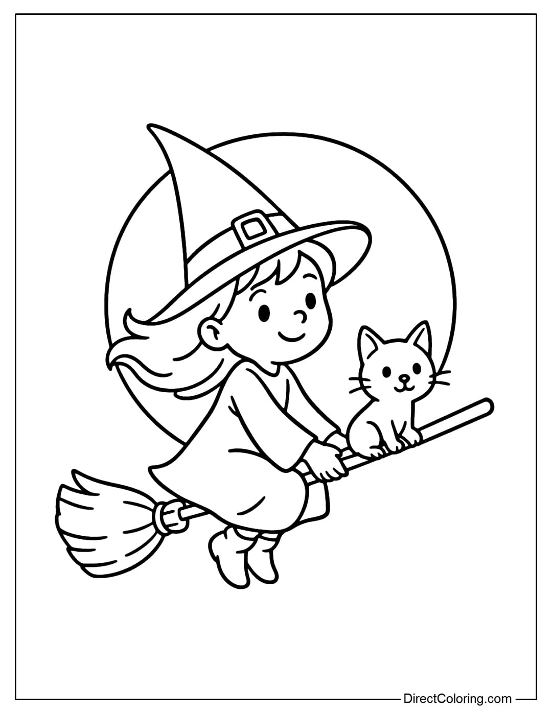 Coloring page of a little witch in a top hat, riding a broomstick flying past a full moon, with a cute black cat by her side.