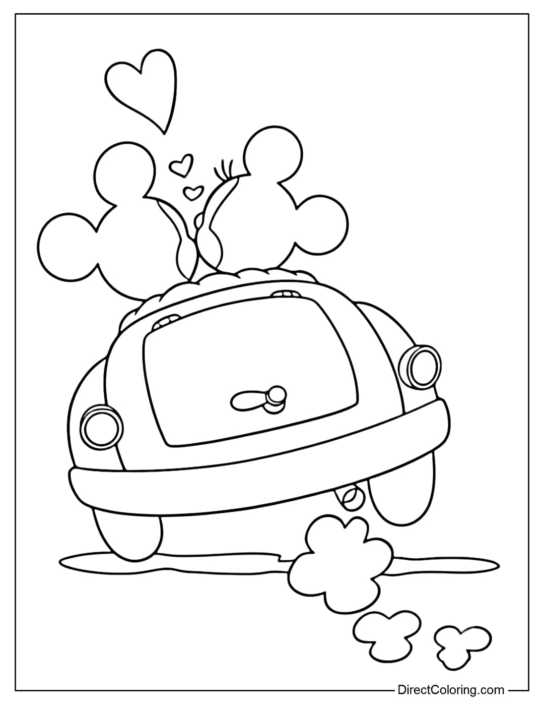 A coloring page featuring Mickey Mouse and Minnie Mouse sitting together in a cute little car.