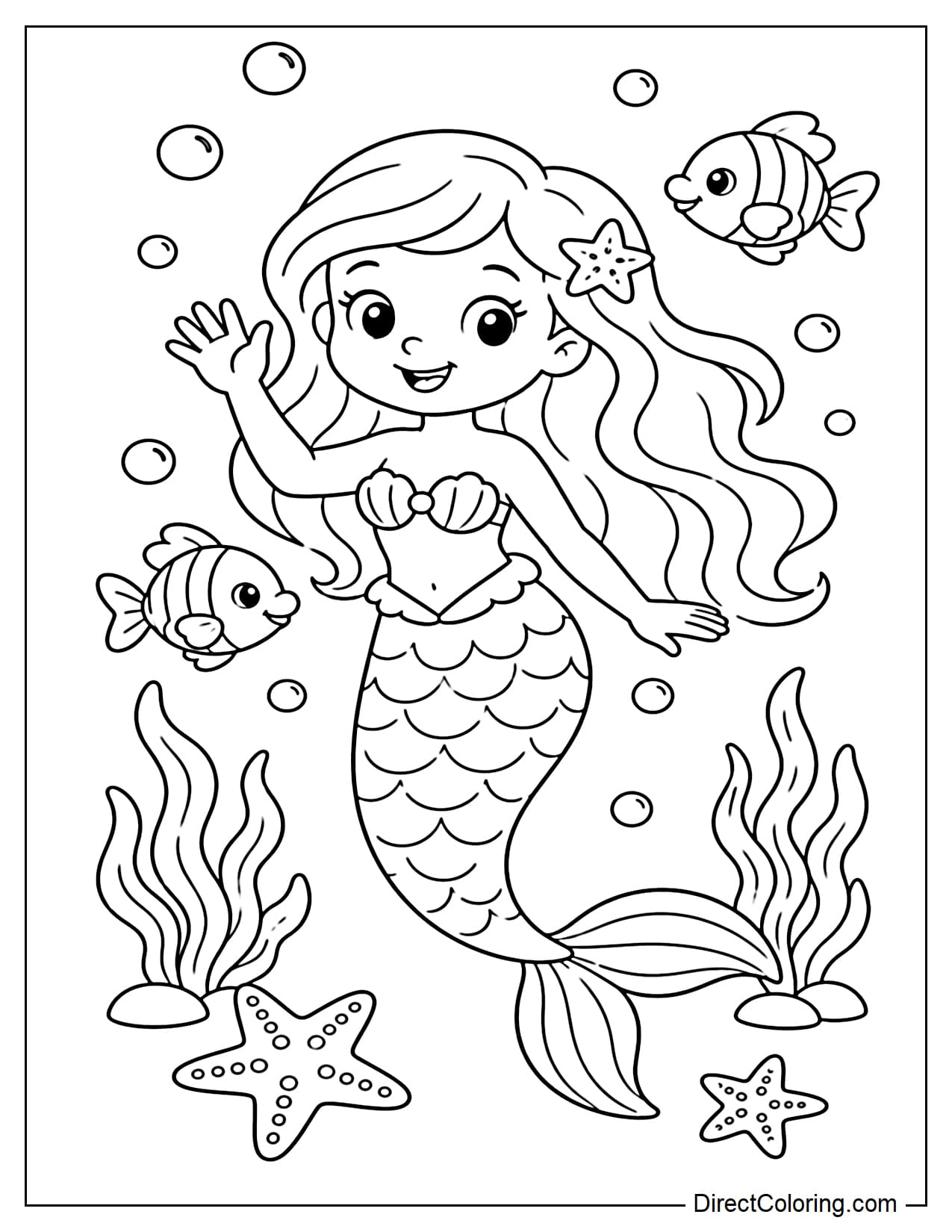 A smiling mermaid waving to two little fish beside her. She has long, soft hair, a gently curved fish tail, and is surrounded by bubbles, starfish, and seaweed.