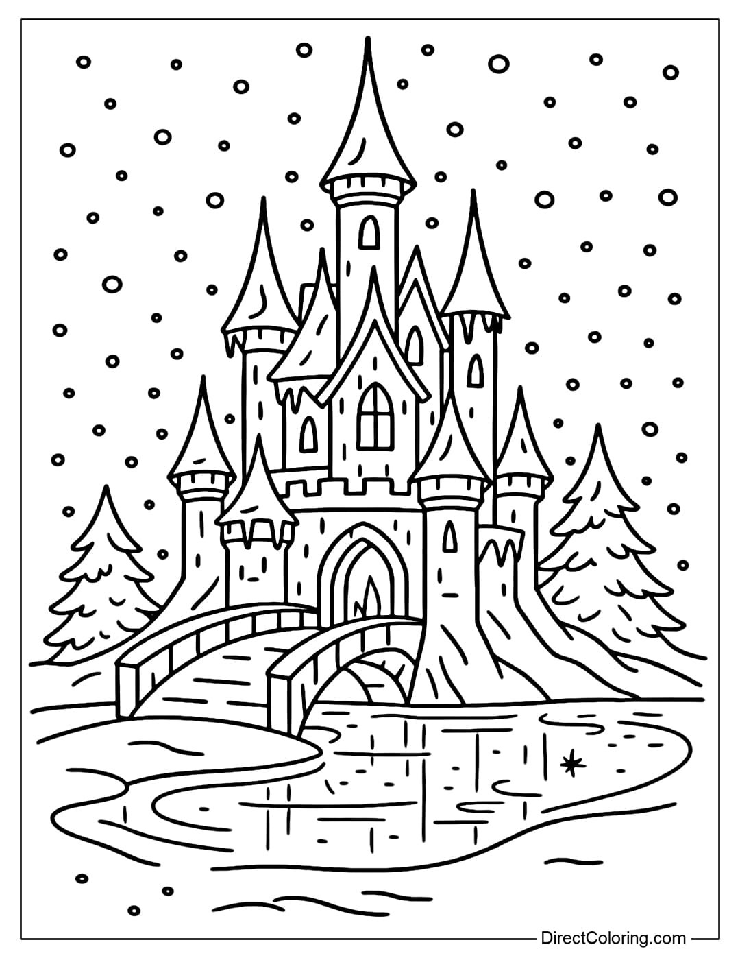 A magnificent ice castle coloring page with spires and ice bridges, surrounded by a frozen lake, falling snow.