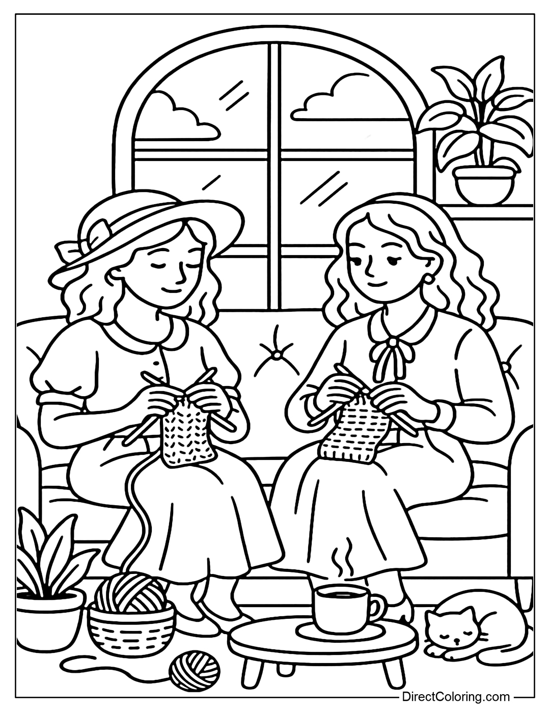 Coloring page of two girls knitting on the sofa, with a ball of yarn, a cup of tea and soft sunlight through the window.