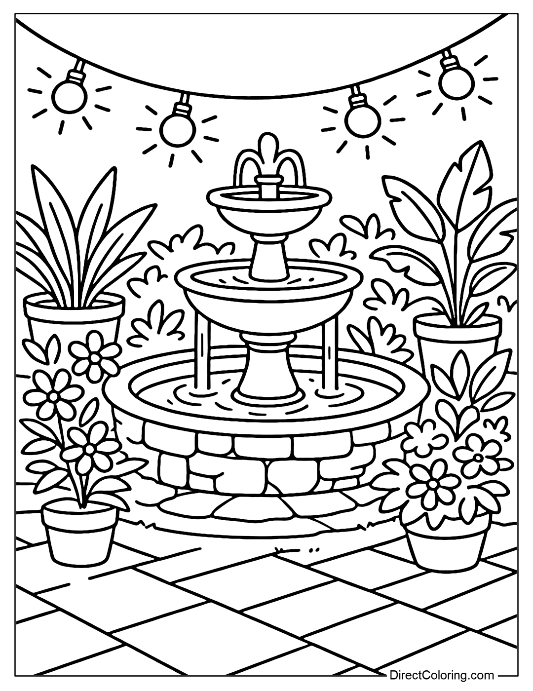 Coloring page of patio fountain at night, garden lights creating halos around flowers and rocks